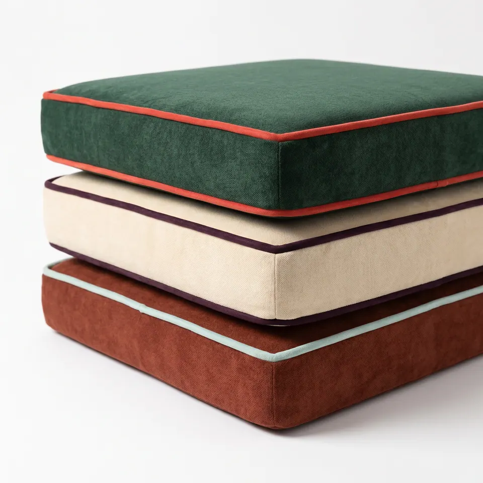 Stack of three box cushions: forest green with red piping, ivory with aubergine piping, rust with mint piping