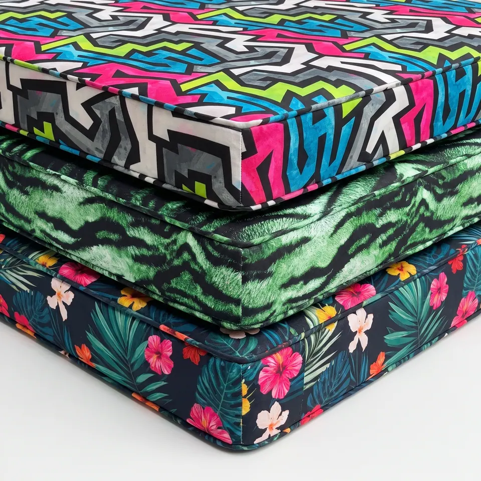 Stack of three piped box cushions in neon geometric, green tiger-stripe and navy hibiscus prints on white