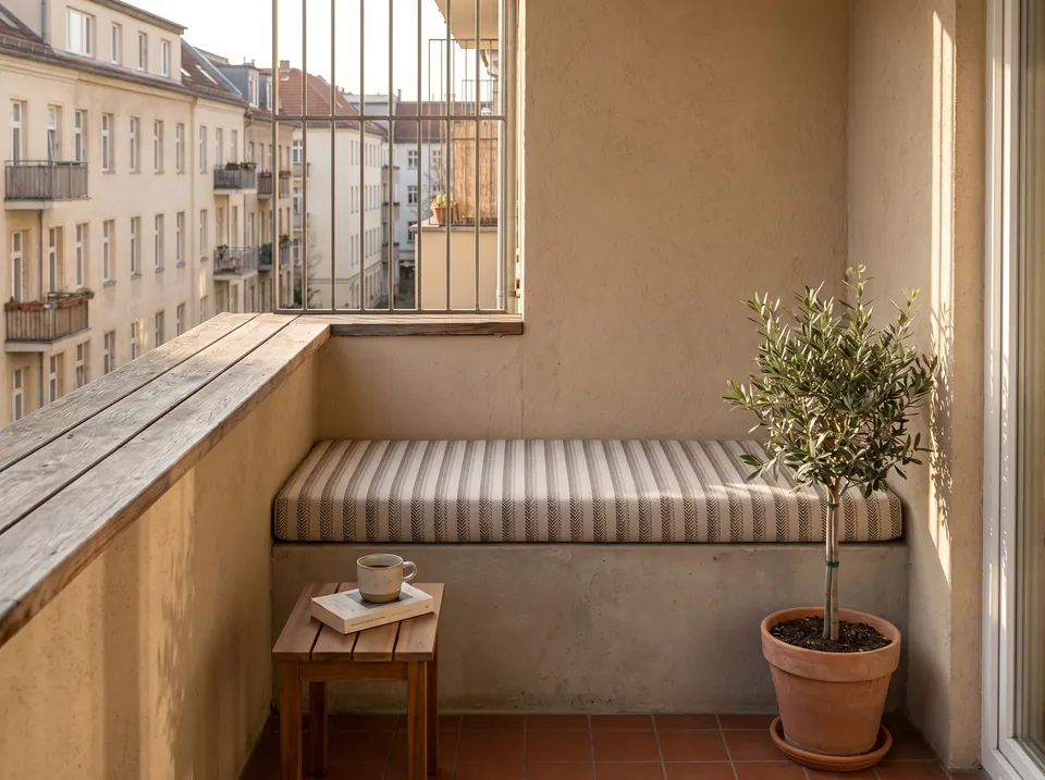 Taupe and cream striped box cushion on a built-in plaster bench in a sunlit city loggia with olive tree and stool