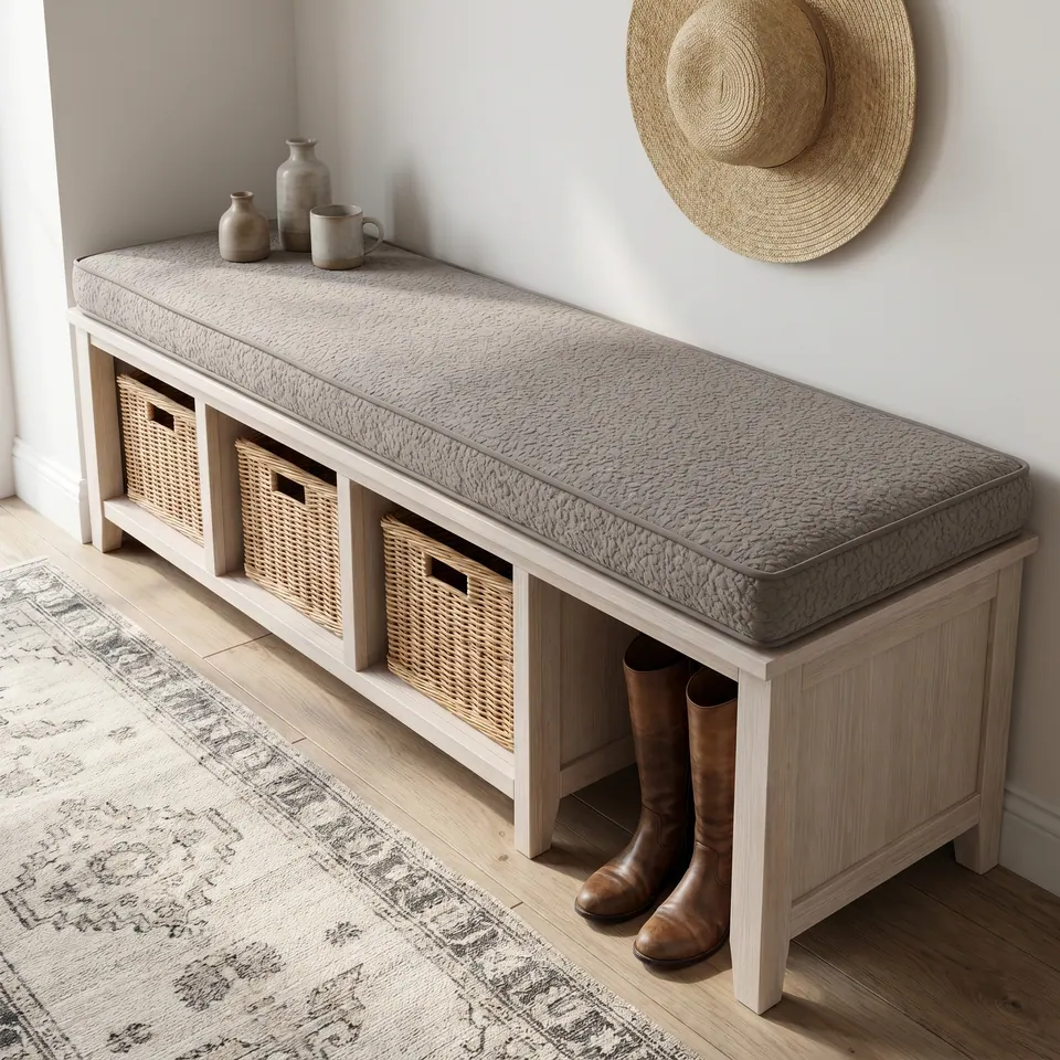 Taupe gray textured piped cushion on a whitewashed cubby entry bench with wicker baskets, riding boots and a straw hat