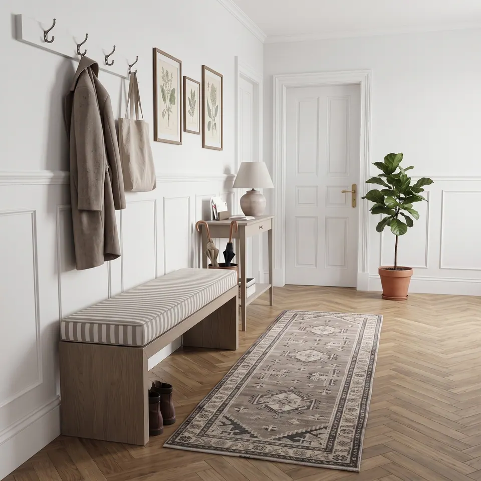 Taupe and white wide-stripe box cushion on a long oak bench in a paneled entrance hall with coat hooks