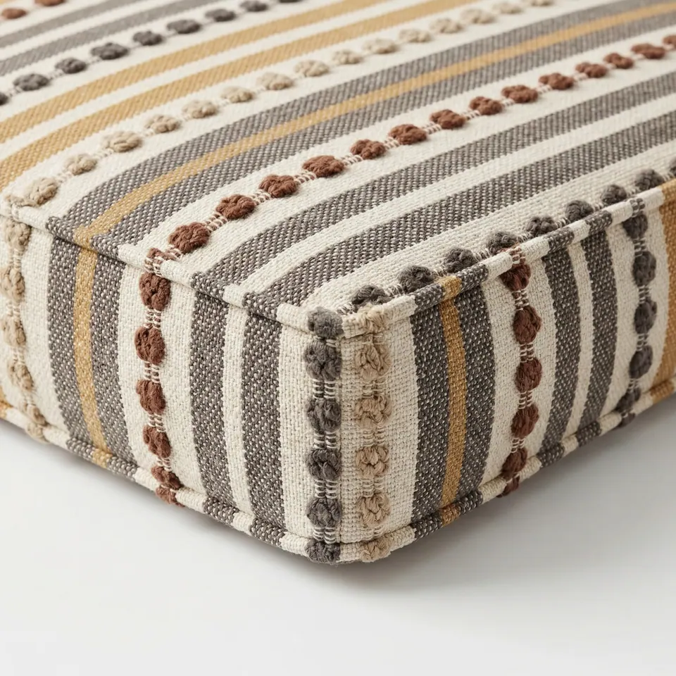Low view of a cream box cushion with warm gray and thin mustard stripes and chestnut, tan and gray knot rows on white