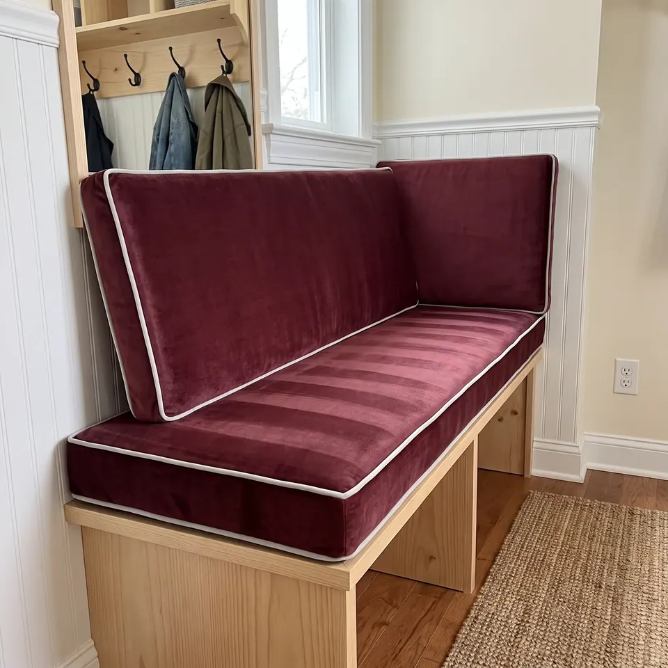 Wine red velvet seat and two back cushions with ivory piping on a pine mudroom bench below coat hooks