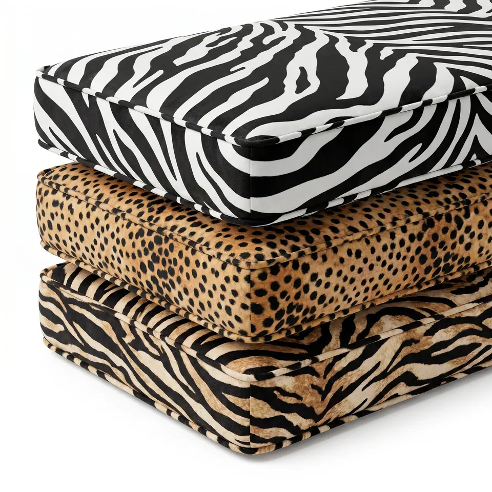Stack of three piped box cushions on white with zebra stripe on top, cheetah spots in the middle and tiger stripe at the base