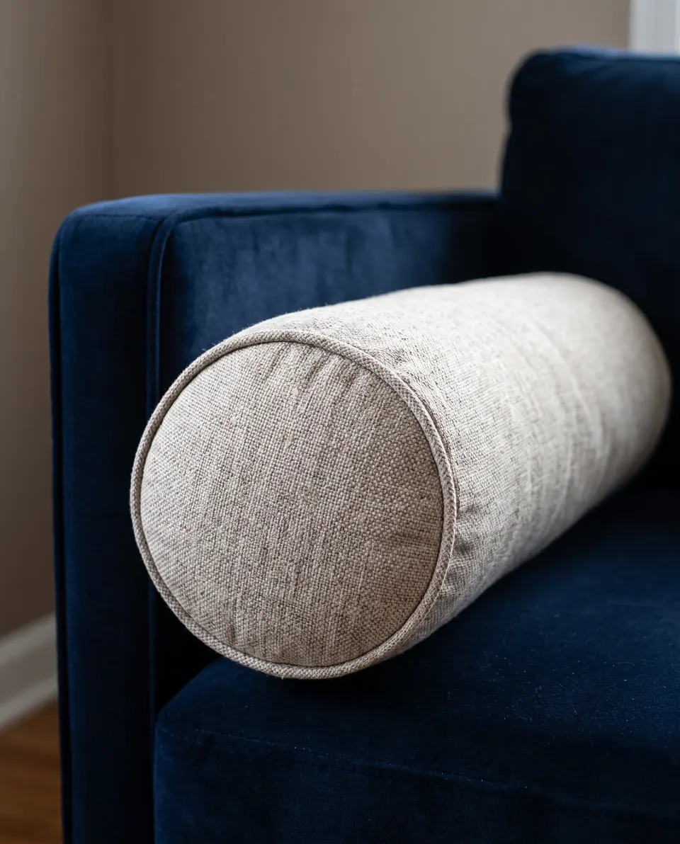 Oatmeal beige linen-look bolster with self piping lying against the arm of a navy blue velvet sofa, oak floor below