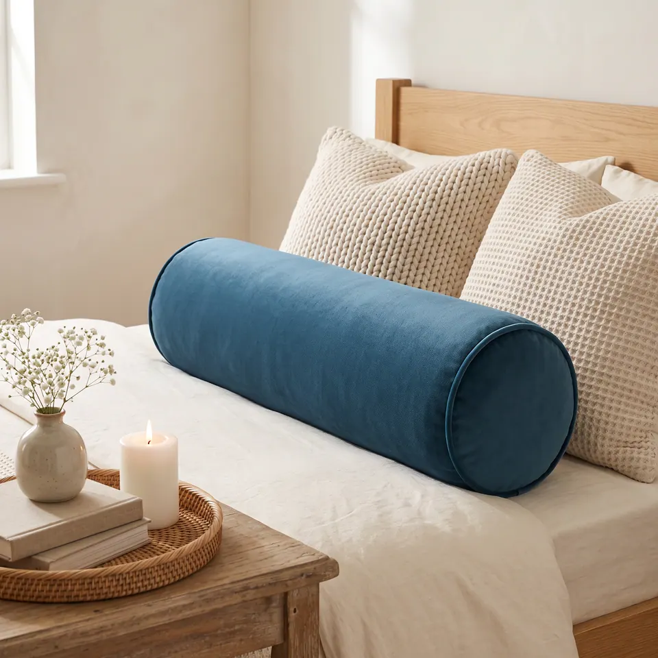 Teal blue velvet round bolster with self piping on a white linen bed in front of cream waffle-knit pillows