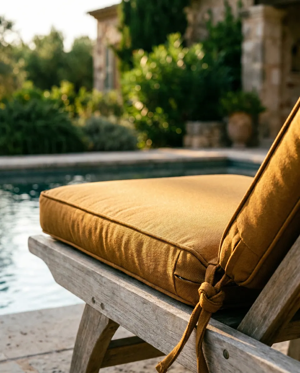 Amber outdoor sun lounger cushion with self piping and knotted fabric ties on a weathered teak lounger by a pool