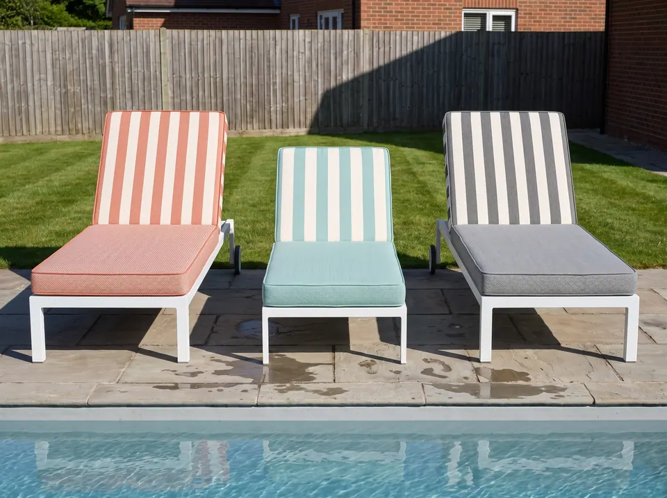 Three sun lounger cushions with coral, aqua and gray striped backrests and solid seats beside a sandstone pool terrace