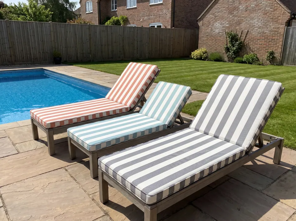 Coral, pale aqua and gray wide-striped sunbed cushions on three wooden loungers angled beside a pool and striped lawn
