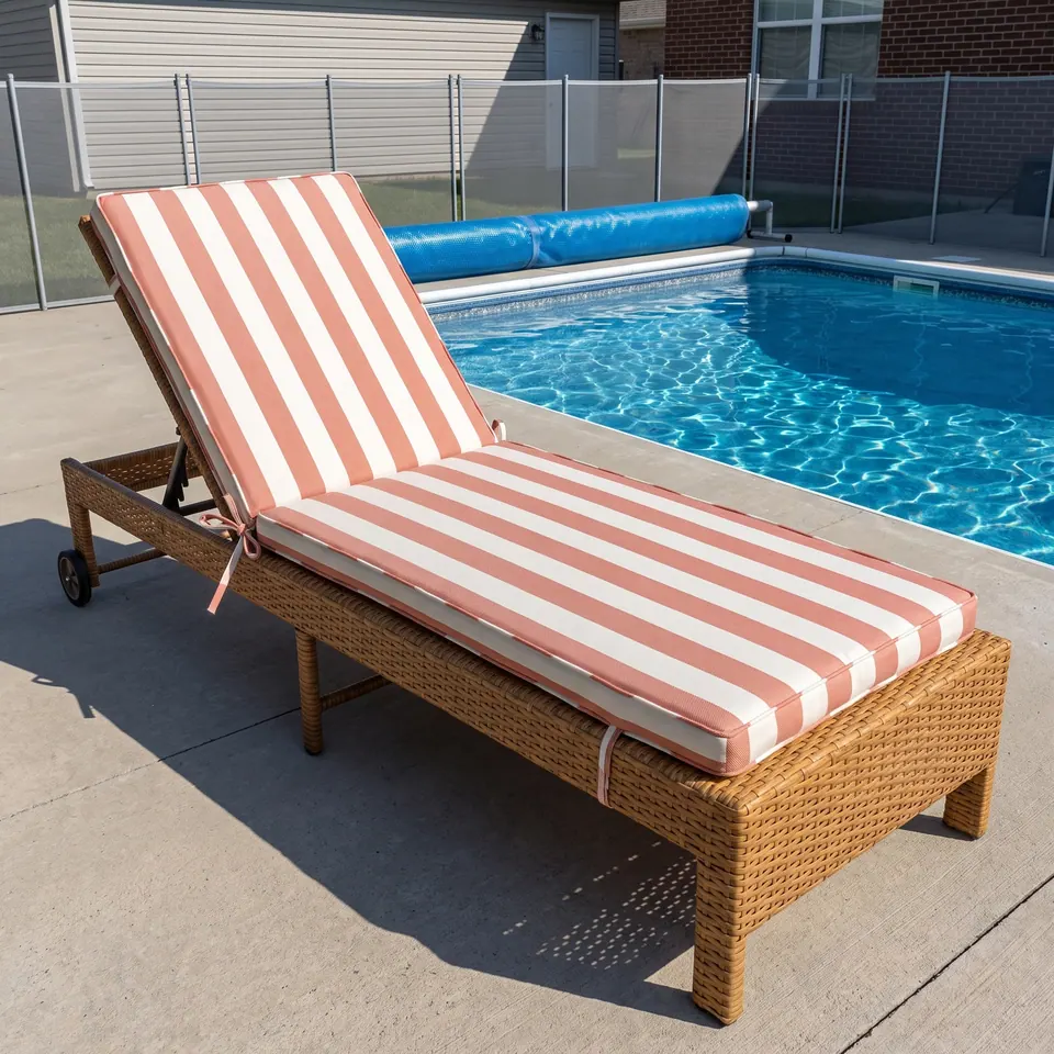 Wide coral and white striped two-part lounger cushion tied onto a wheeled wicker chaise on a sunny pool deck