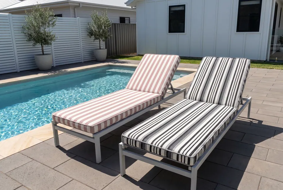 Two sun loungers by a pool: one dusty rose and white awning stripe, one black, gray and white striped cushion
