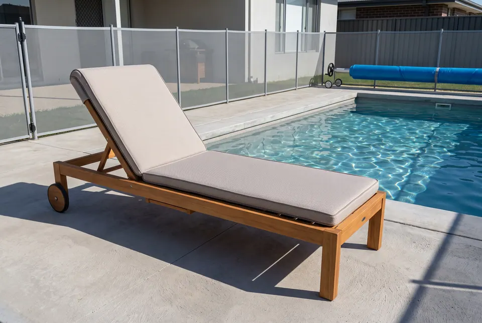 Greige waffle-texture sun lounger cushion with self piping on a teak lounger with wheels beside a fenced pool