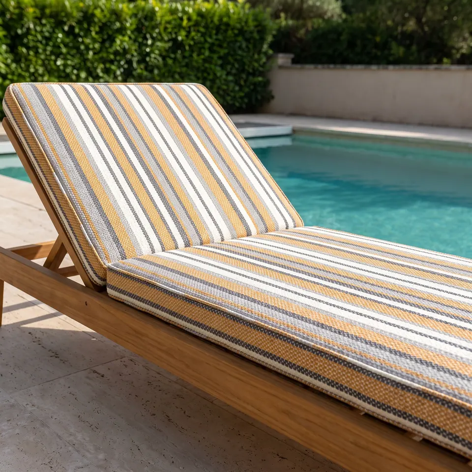 Mustard, cream and charcoal pinstriped two-section cushion on a teak sun lounger beside a turquoise pool
