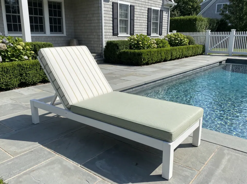 Sage seat cushion with ivory and olive-gold pinstripe backrest on a white sun lounger beside a bluestone-edged pool