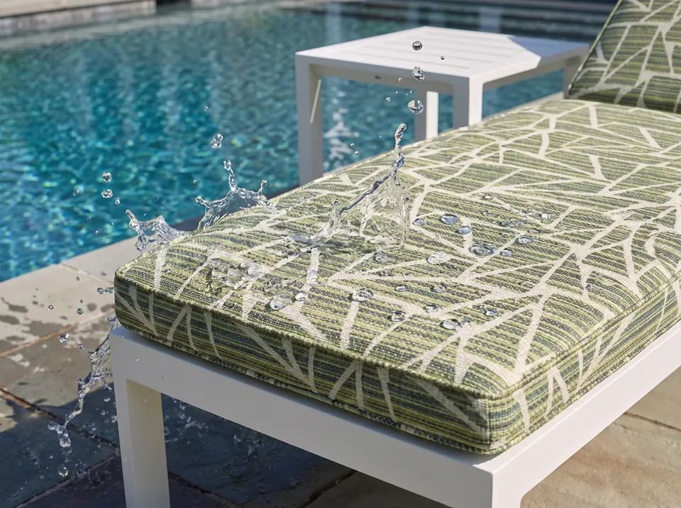 Water droplets beading and splashing off a green and white geometric outdoor sun lounger cushion by a pool