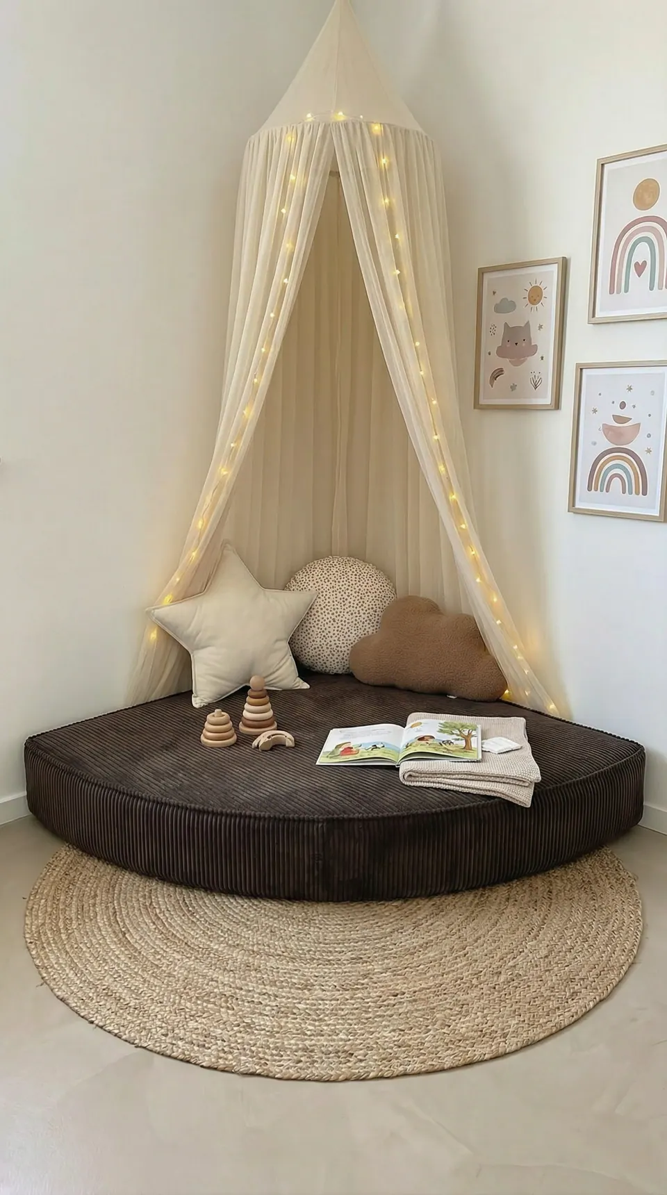 Chocolate brown corduroy quarter-round floor cushion in a child's corner with ivory canopy, star and cloud pillows, jute rug