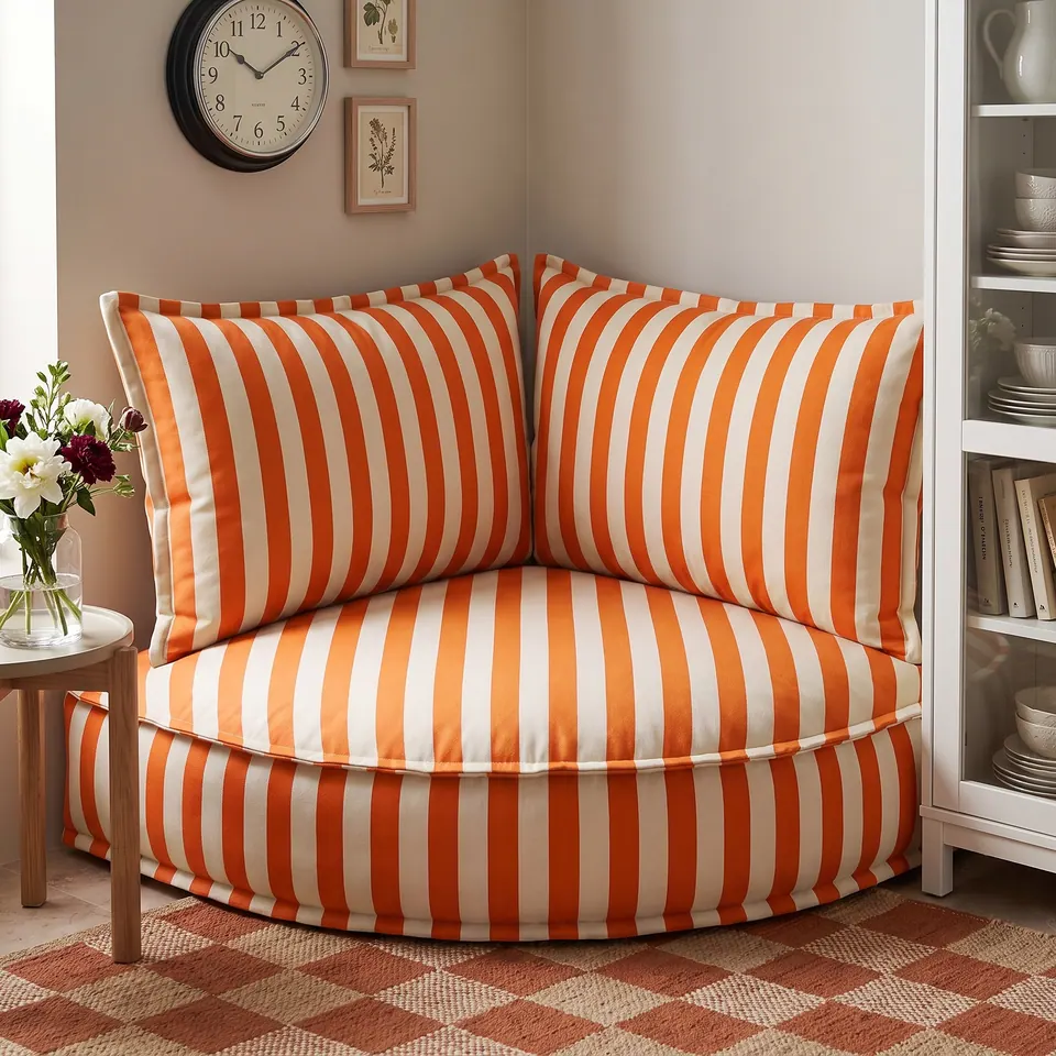 Deep orange and cream striped corner floor pouf with backrest pillows beside a glass dining cabinet and checkerboard rug