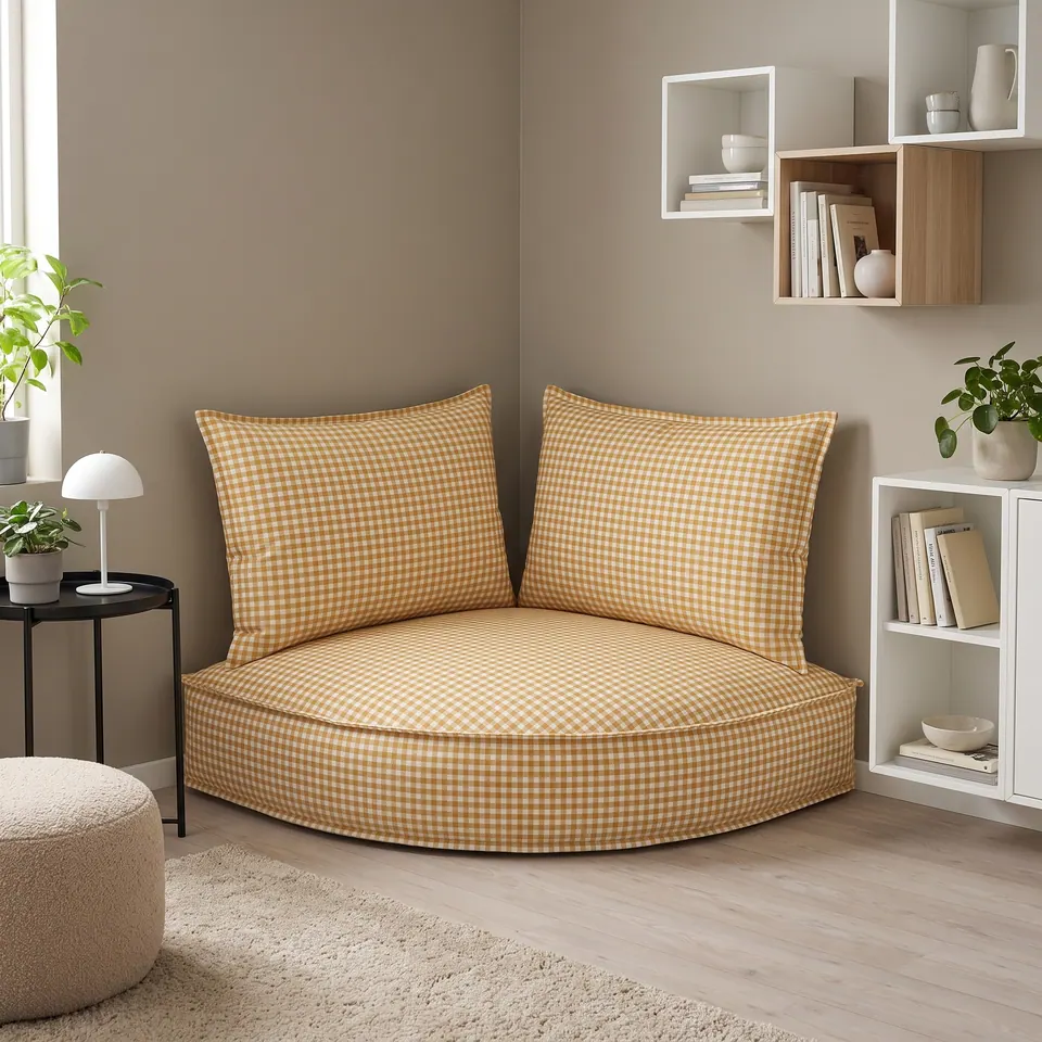 Mustard gingham corner floor pouf with two backrest pillows in a greige room with wall cubes, mushroom lamp and boucle pouf