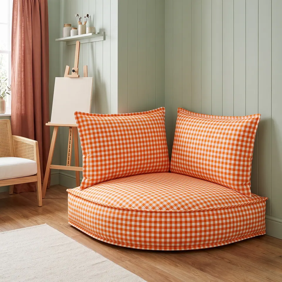Bright orange gingham corner floor pouf with backrest pillows in a sage paneled art corner with easel and rattan chair
