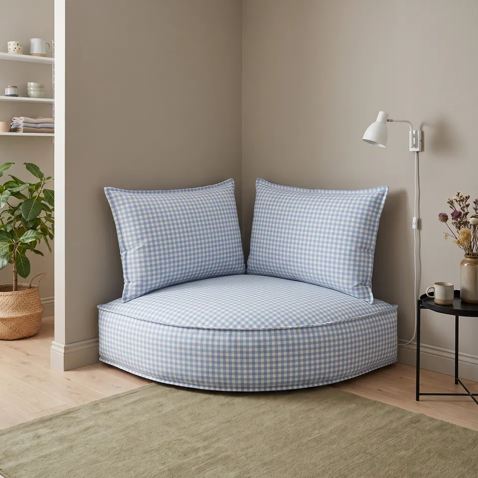 Pale sky blue gingham corner floor pouf with backrest pillows under a white wall lamp, black side table and sage rug
