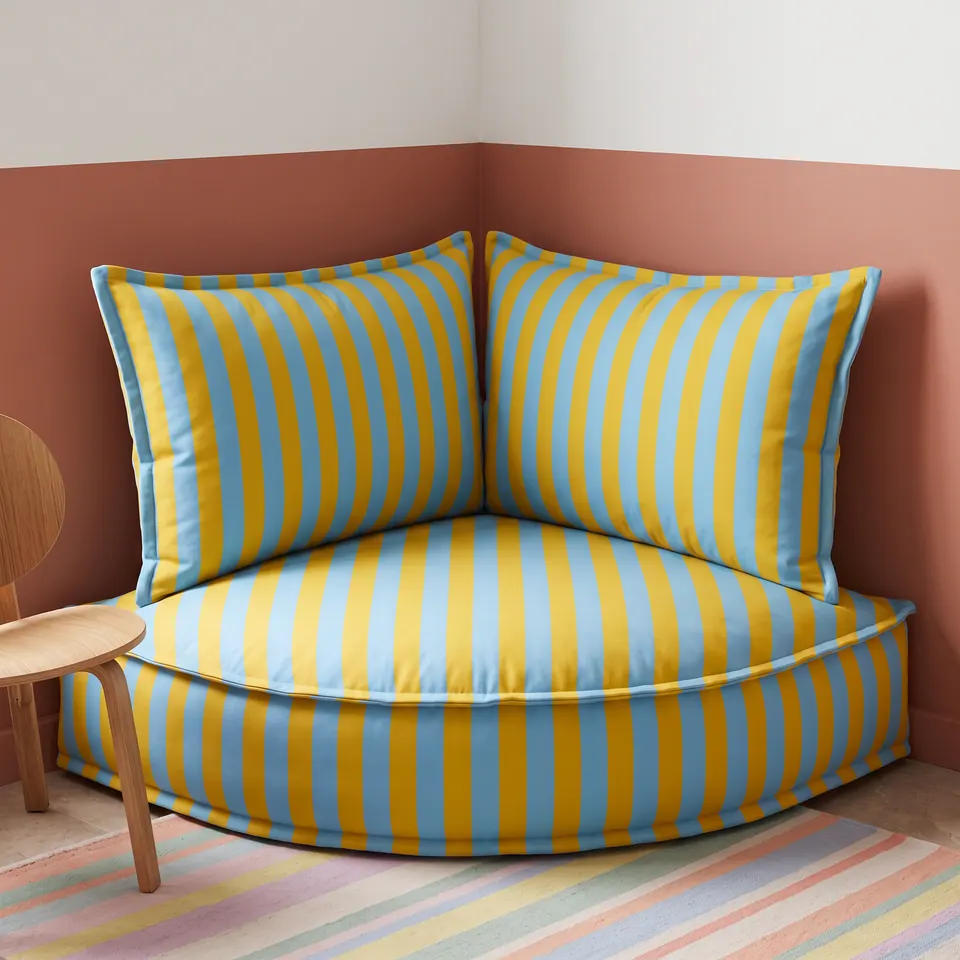 Sky blue and yellow striped corner floor cushion with backrest pillows against a terracotta color-block wall