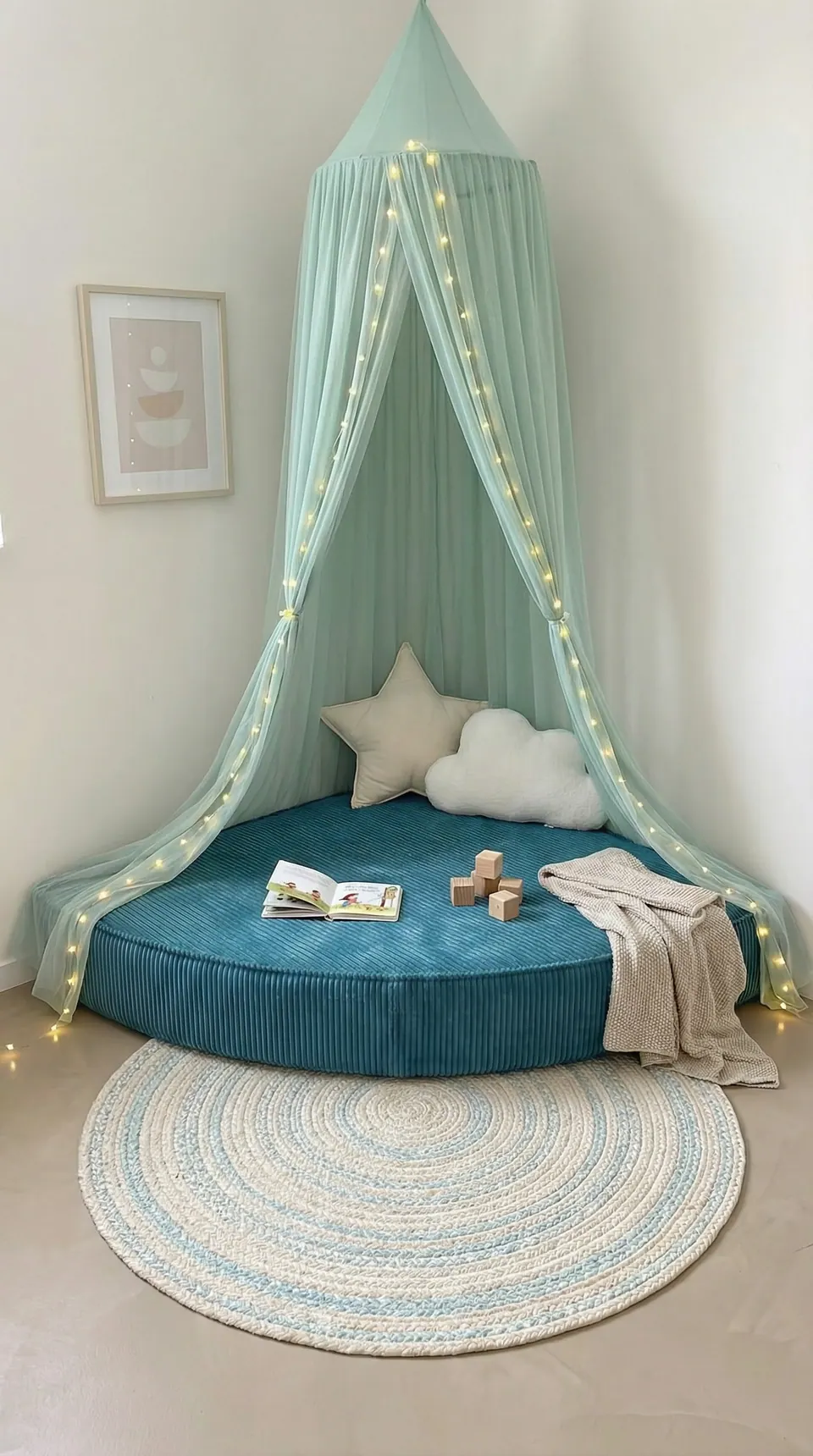 Teal corduroy corner floor cushion beneath a mint tulle canopy with cream star and cloud pillows, knit throw and round rug