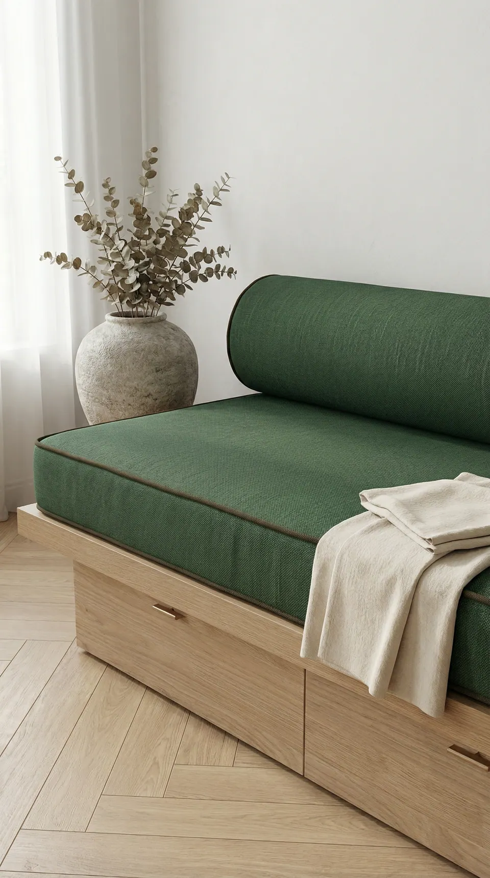 Bottle green linen-look daybed cushion and bolster with brown piping on oak drawers, dried eucalyptus in a stone vase