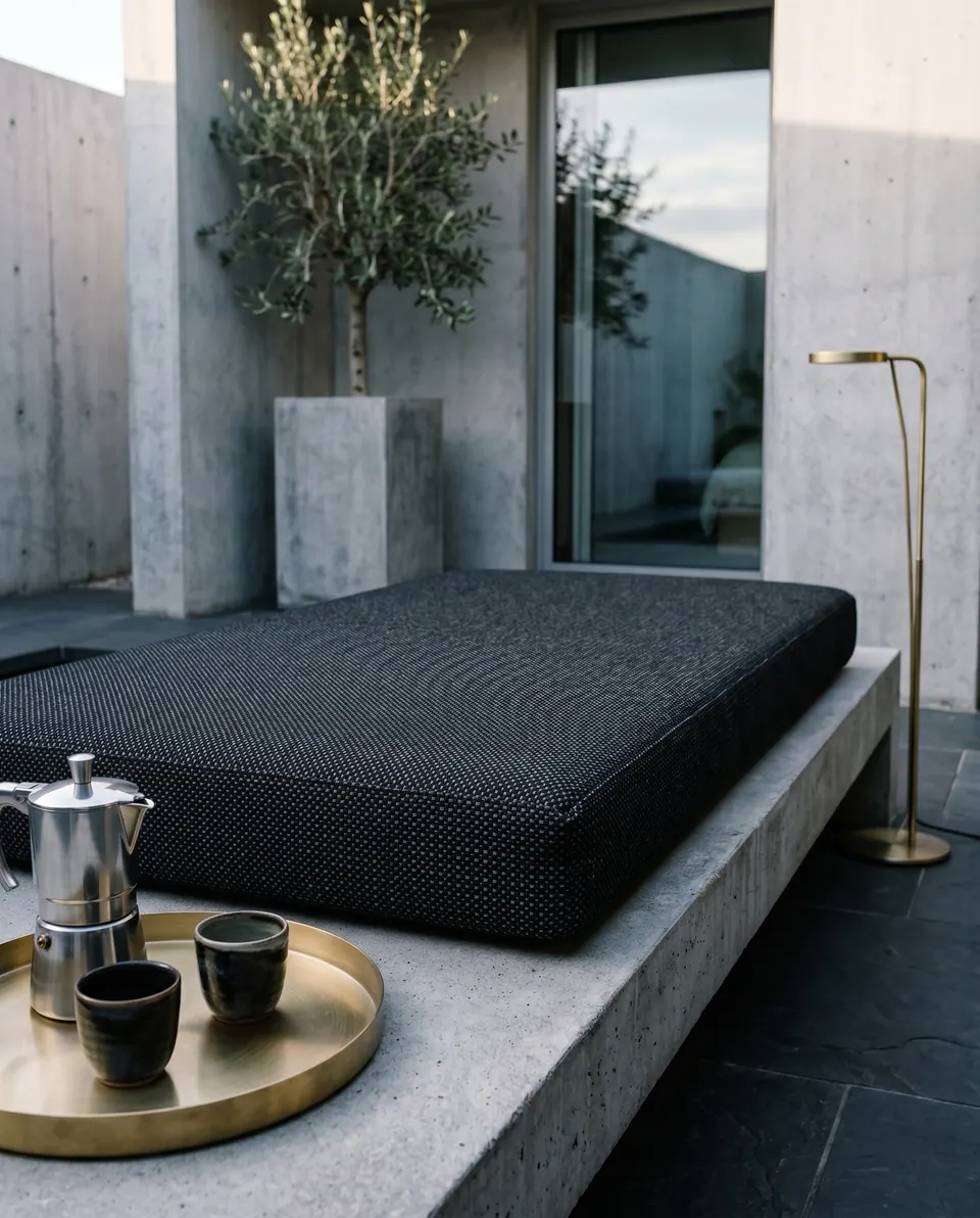Thick charcoal woven outdoor cushion on a concrete daybed ledge with a brass tray, moka pot and brass floor lamp