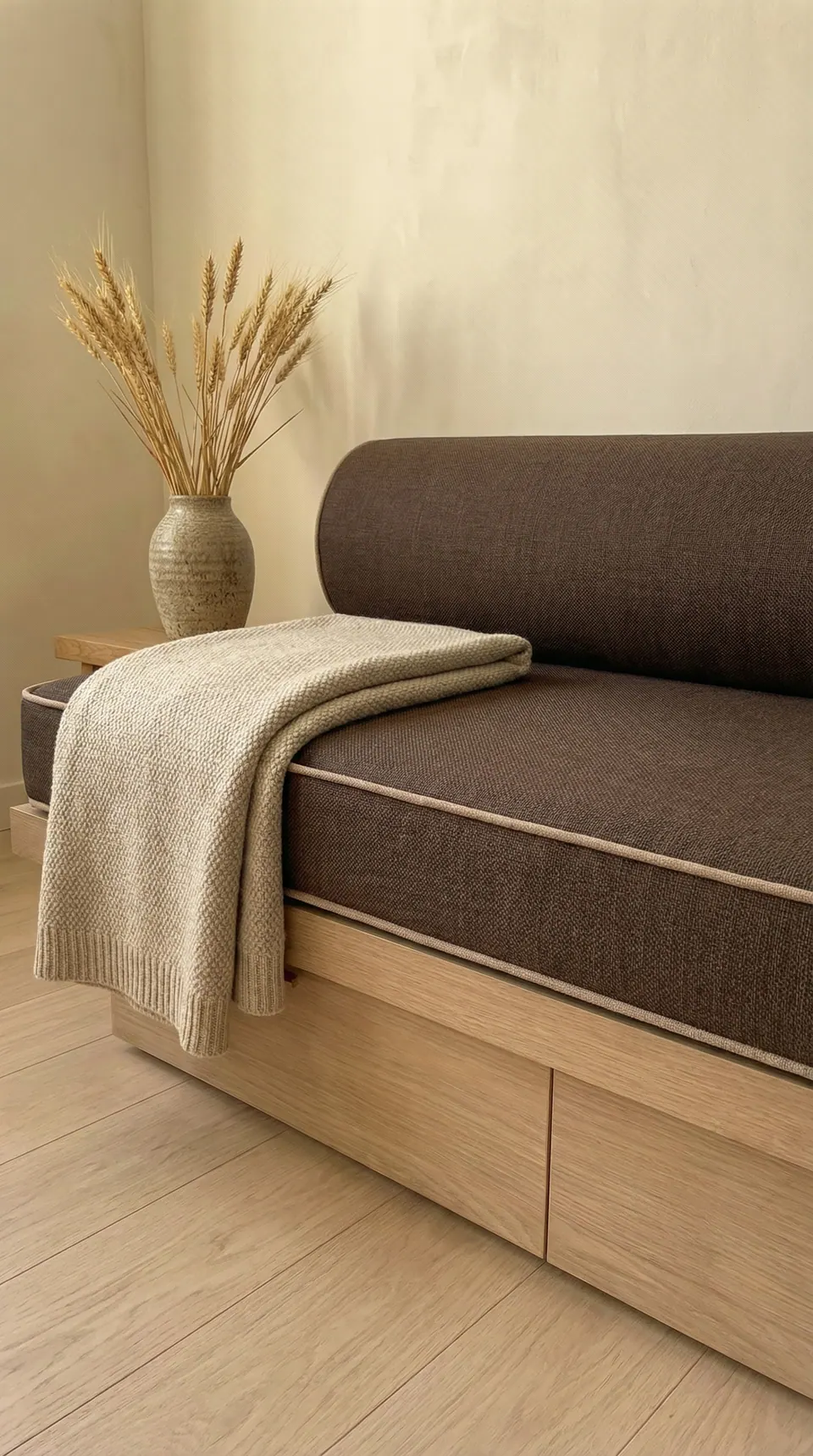 Chocolate brown linen-look daybed cushion with sand piping and bolster, oatmeal knit throw and dried wheat in stoneware