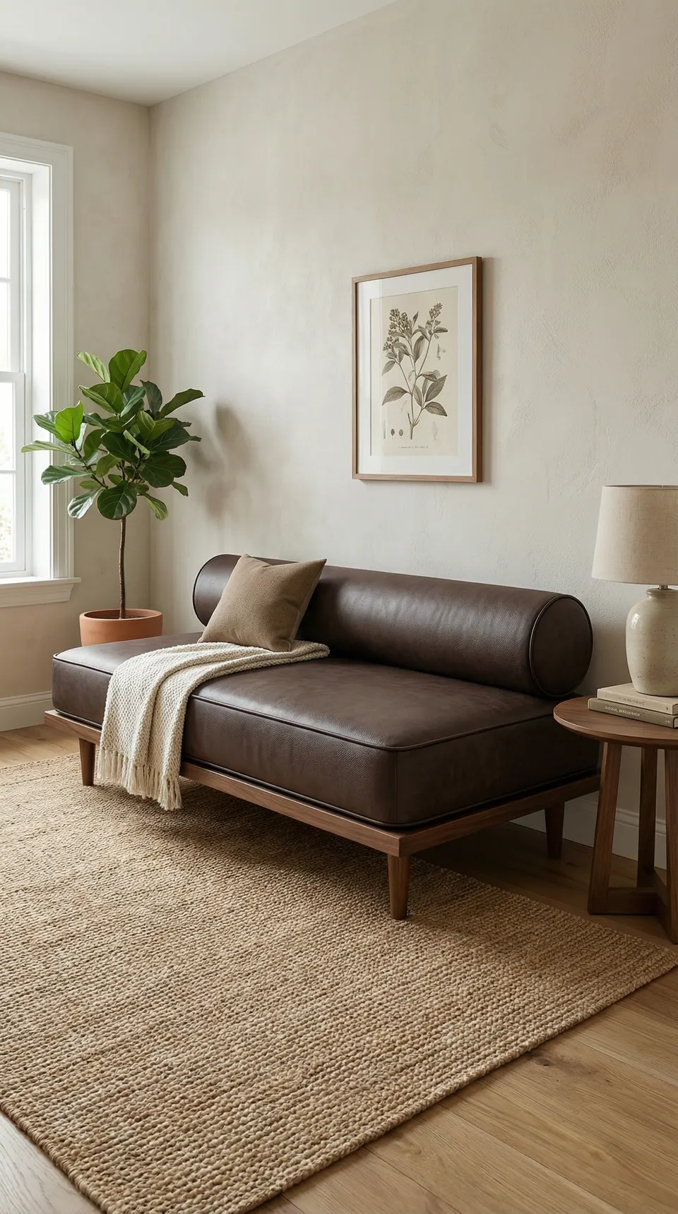 Chocolate brown faux leather daybed cushion and full-length bolster on a walnut platform, cream knit throw, jute rug