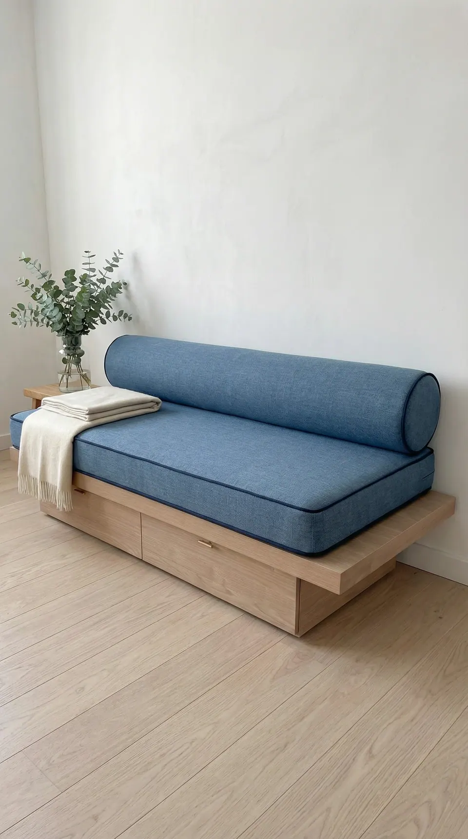Denim blue linen-look daybed cushion and bolster with navy piping on an oak storage platform in a white room