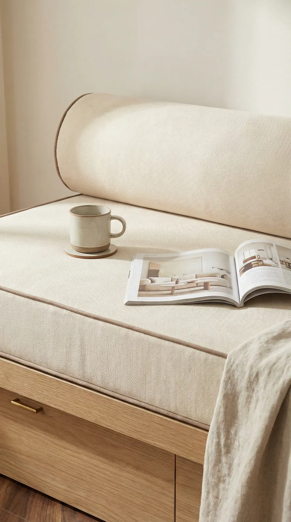 Close-up of an ecru linen-look daybed cushion and bolster with taupe piping, stoneware mug and open magazine