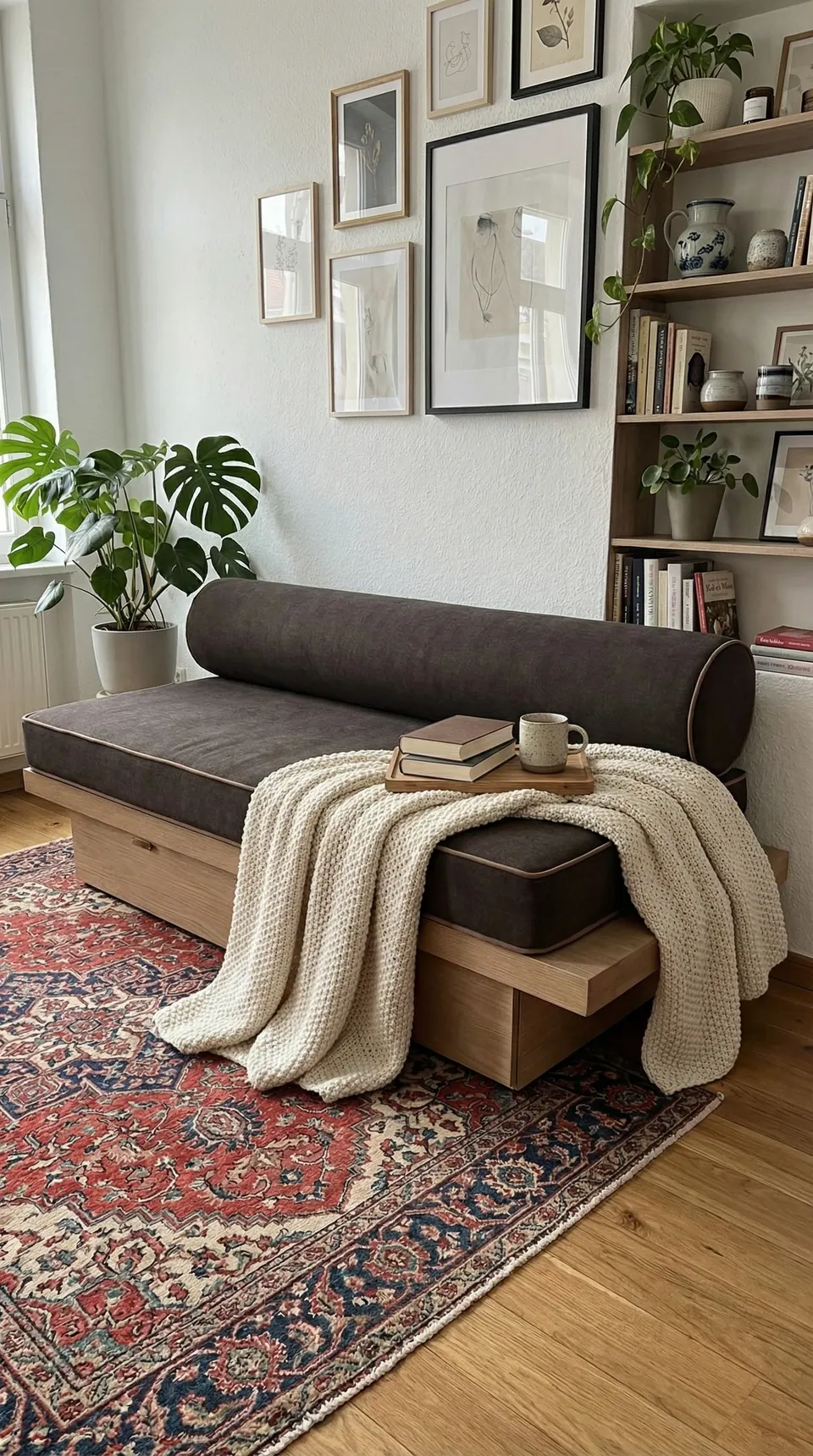 Espresso linen-look daybed cushion and bolster with beige piping, draped cream knit throw and red Persian rug