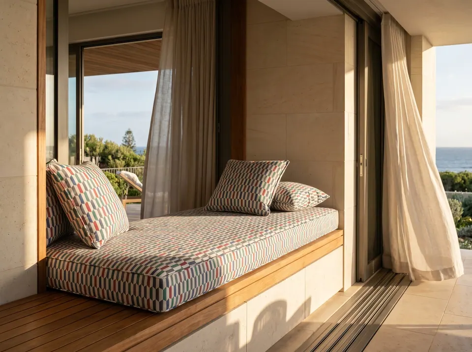 Red, teal and cream geometric tile-print daybed cushion with matching pillows on a built-in ledge by open sea-view doors