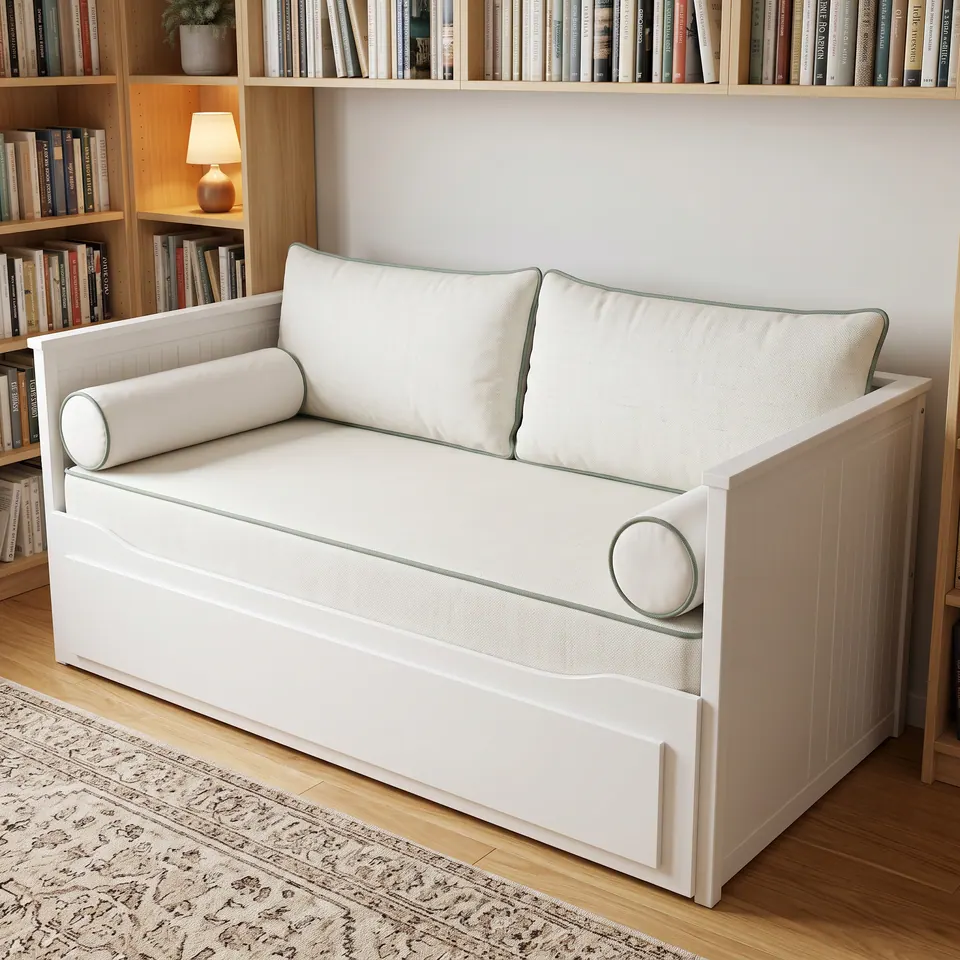 White daybed with ivory linen-look mattress cover, back cushions and bolsters trimmed in sage piping, oak bookshelves behind