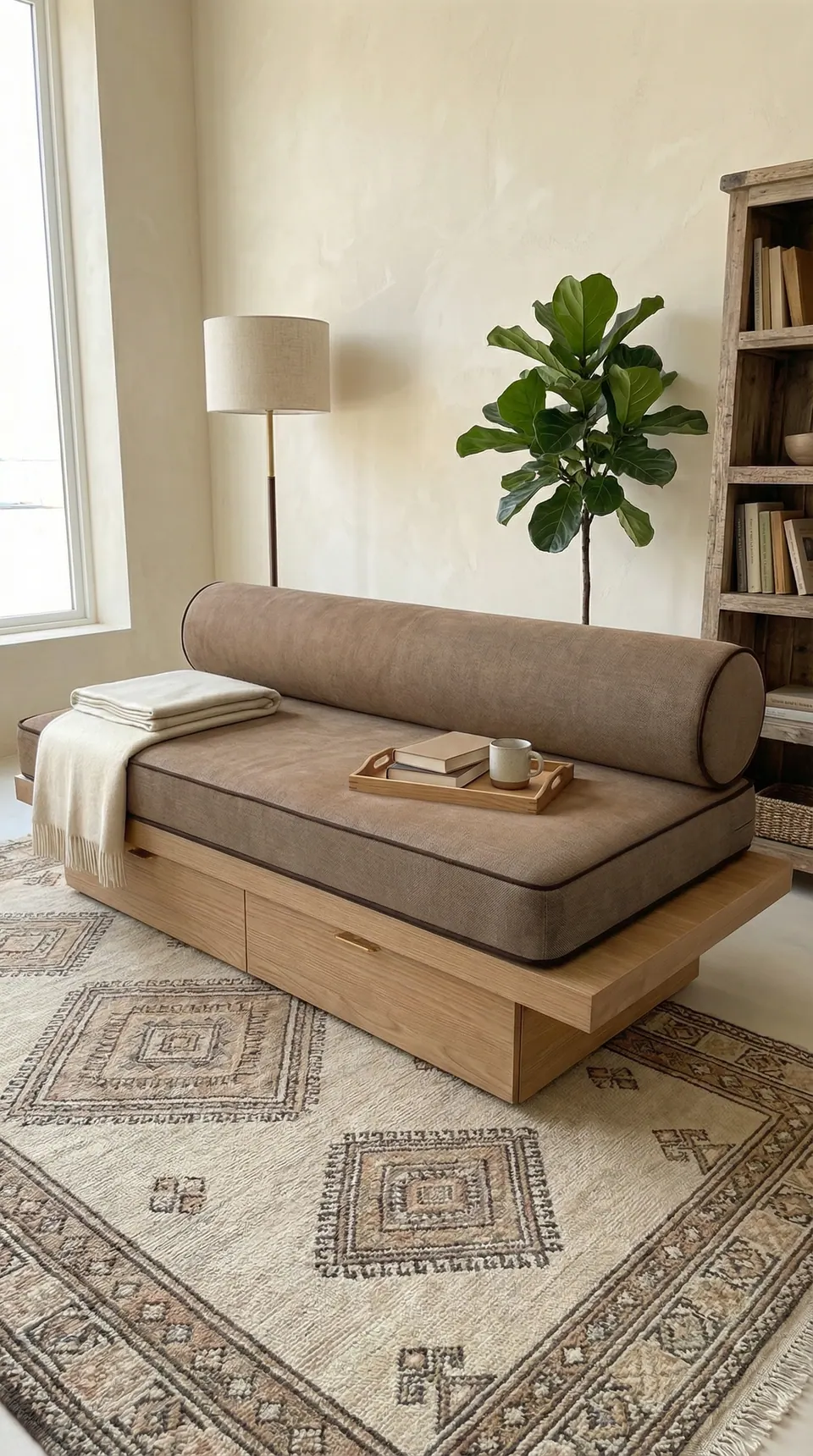 Mushroom taupe linen-look daybed cushion and bolster with dark piping on oak drawers, fig tree and Moroccan-style rug