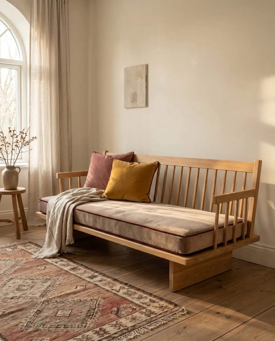 Mushroom velvet daybed cushion with burgundy piping on an oak spindle daybed with rose and mustard pillows