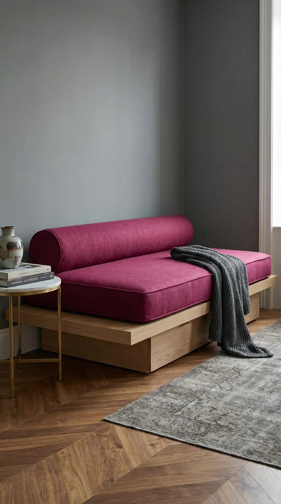 Raspberry linen-look daybed cushion with matching bolster on a light oak platform, charcoal knit throw and marble side table