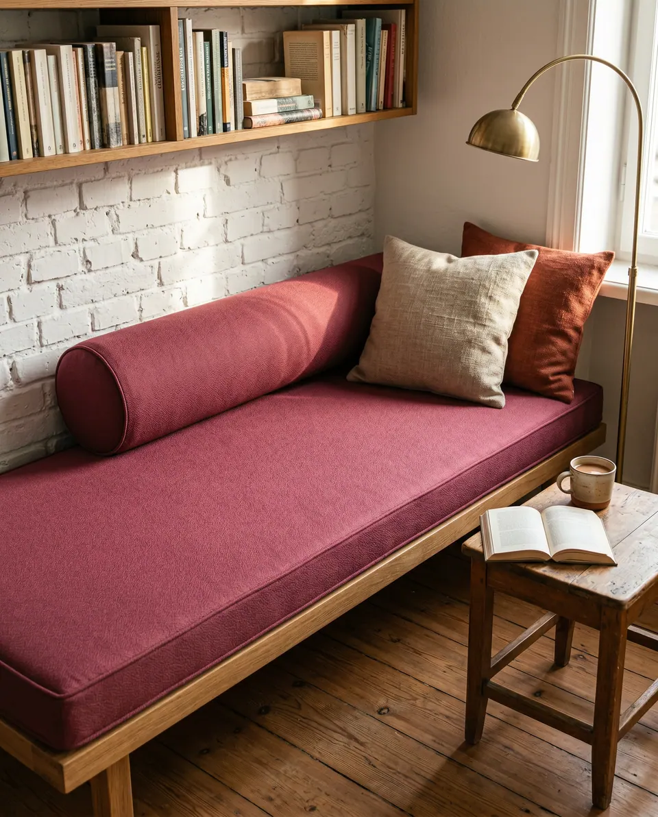 Raspberry daybed cushion with self piping and matching bolster on a low oak frame against whitewashed brick, brass arc lamp