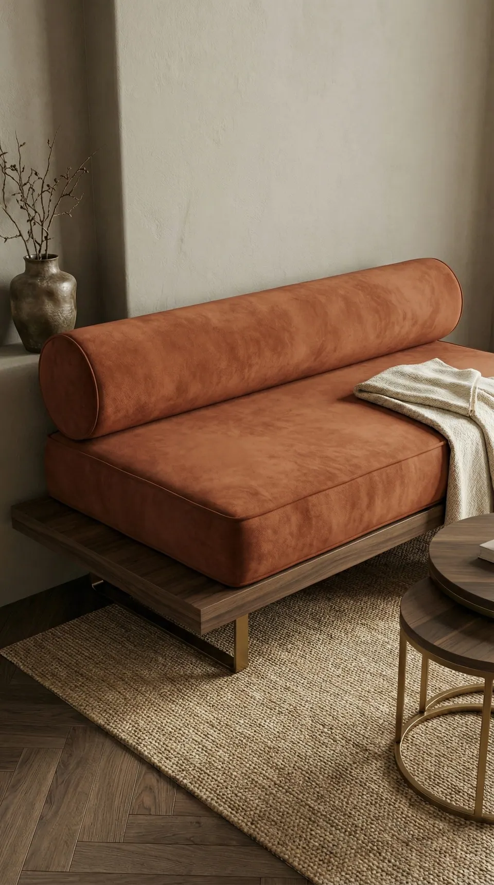 Rust orange suede-finish daybed cushion and round bolster on a walnut platform with brass legs, cream knit throw, jute rug