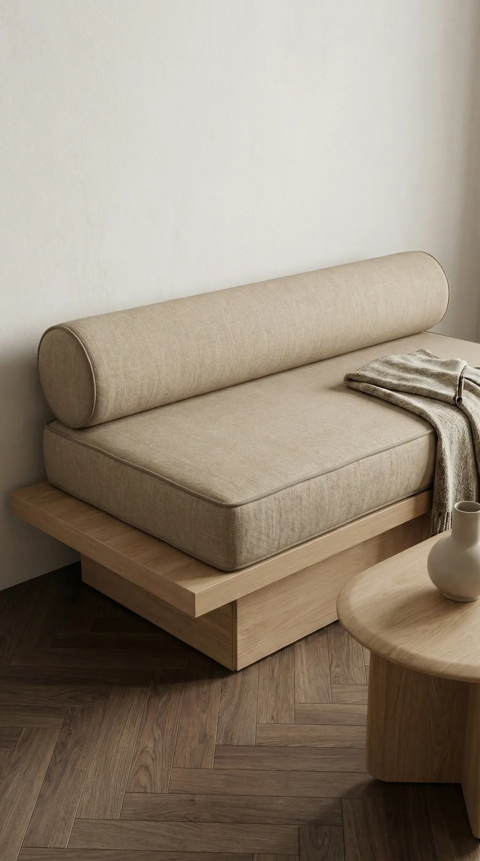 Sand linen-look daybed cushion and bolster, self piped, on a floating oak plinth over dark herringbone parquet