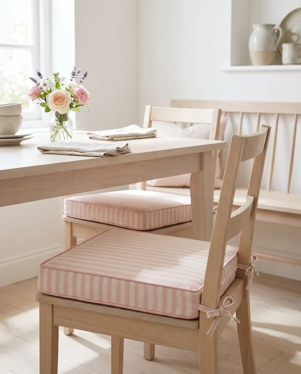 Blush pink and cream striped box-edge chair pads with bow ties on pale oak dining chairs beside a table with roses