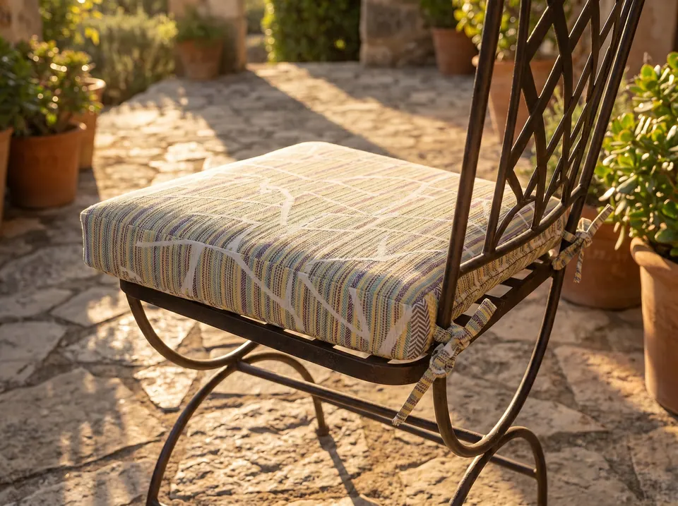 Pastel striped seat pad with white line pattern tied to a lattice-back wrought-iron chair on a sunny flagstone terrace