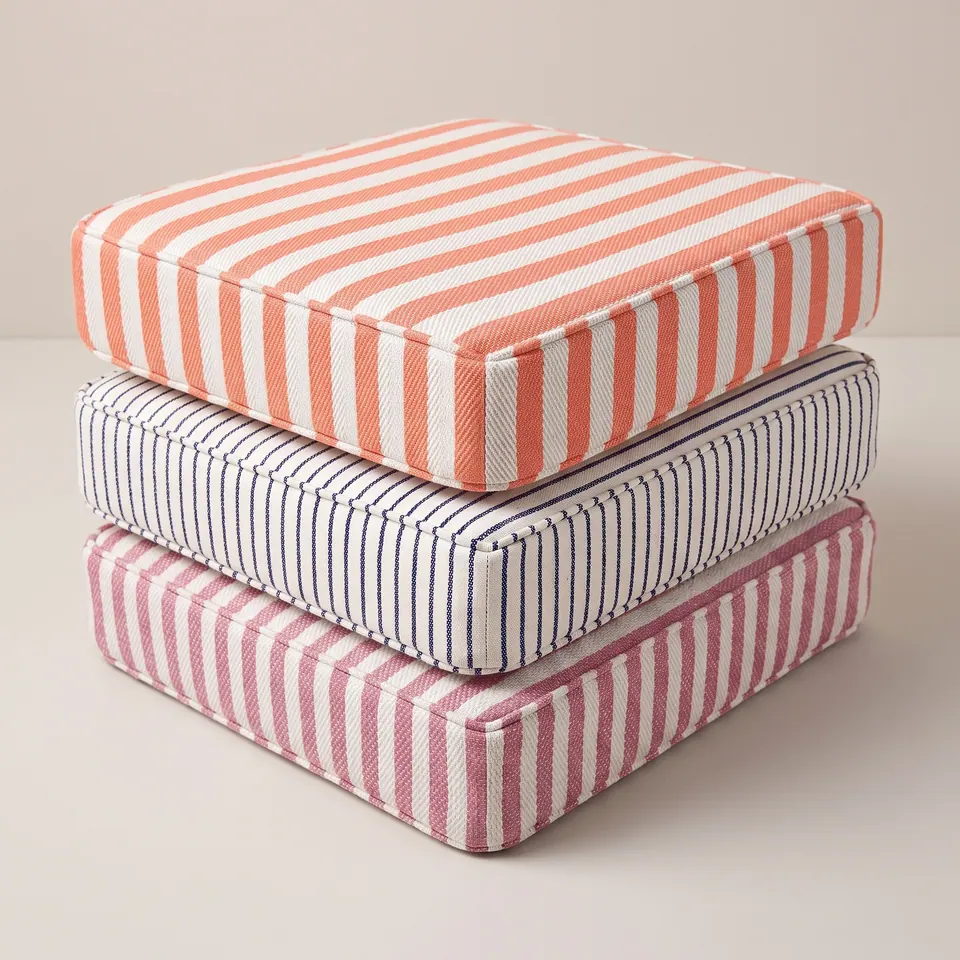 Three stacked square box cushions in coral, navy pencil and dusty rose stripes with self piping