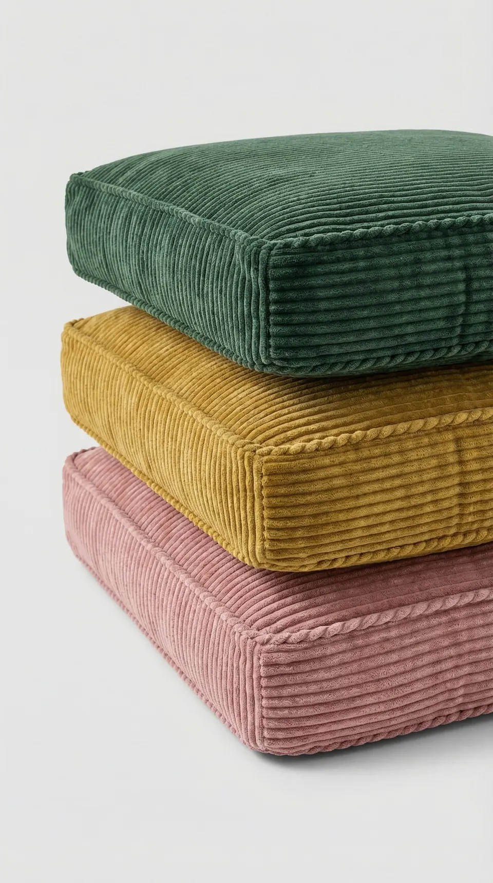Three stacked corduroy box cushions in forest green, mustard and dusty pink with self piping on a white background
