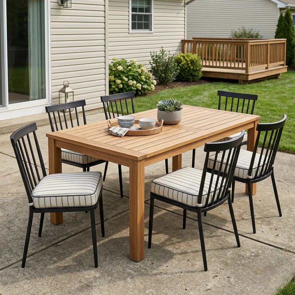 Ivory and charcoal pinstripe outdoor chair pads with black piping on six black spindle-back chairs around a teak patio table
