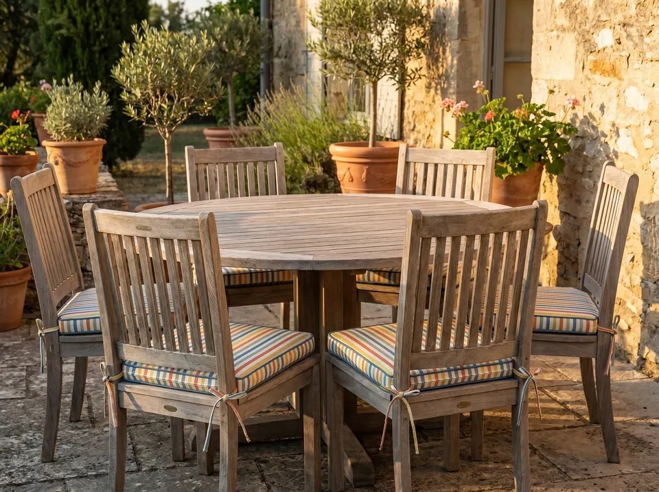 Multicolored striped box seat pads with cream bow ties on six teak dining chairs around a round courtyard table