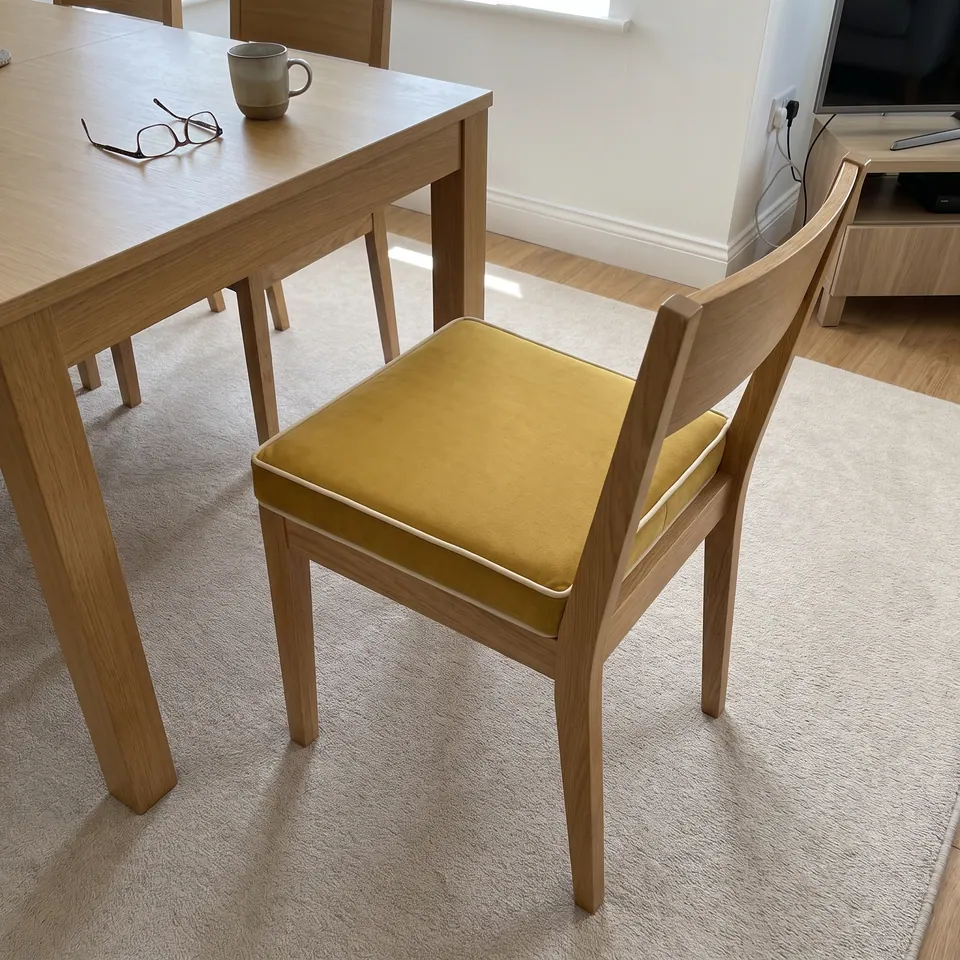 Pinned: Mustard gold seat cushion with cream piping on a light oak dining chair beside a table with reading glasses and a mug