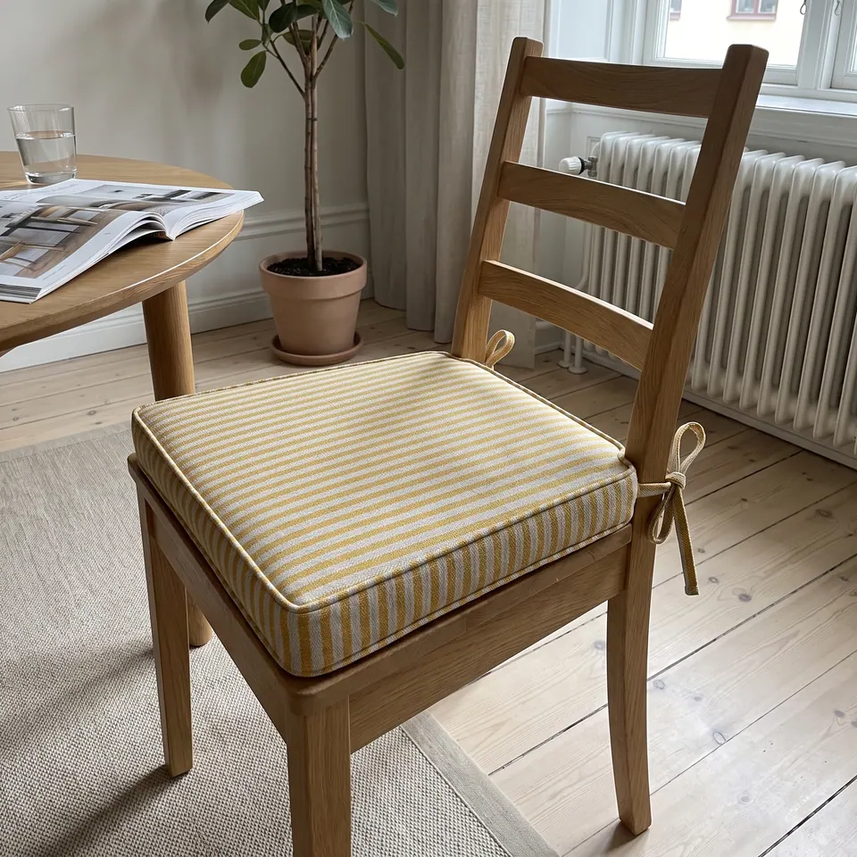 Mustard and cream striped cotton seat cushion tied to an oak ladder-back chair next to a round table and potted tree