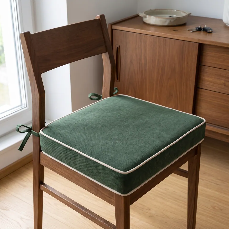 Olive green box seat cushion with cream piping and ties on a walnut mid-century chair beside a walnut sideboard
